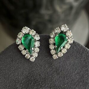 Vintage Christian Dior Teardrop Green Swirly Glass Rhinestone Silver Earrings